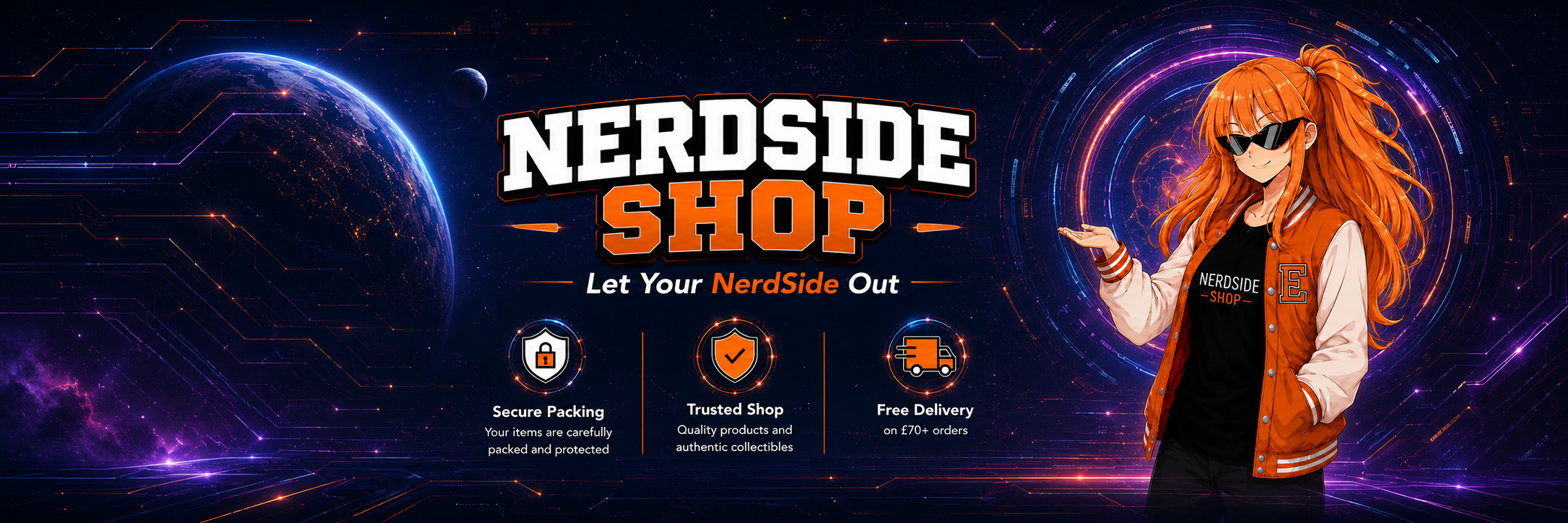 Promotional banner for NerdSide Shop with a character and space-themed design.